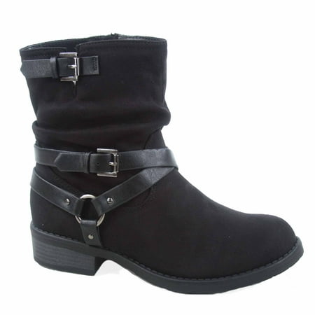 Bidoof Women's Buckle Zipper Low Heel Mid Calf Round Toe Combat Boots (Best Shoes For Big Calves)