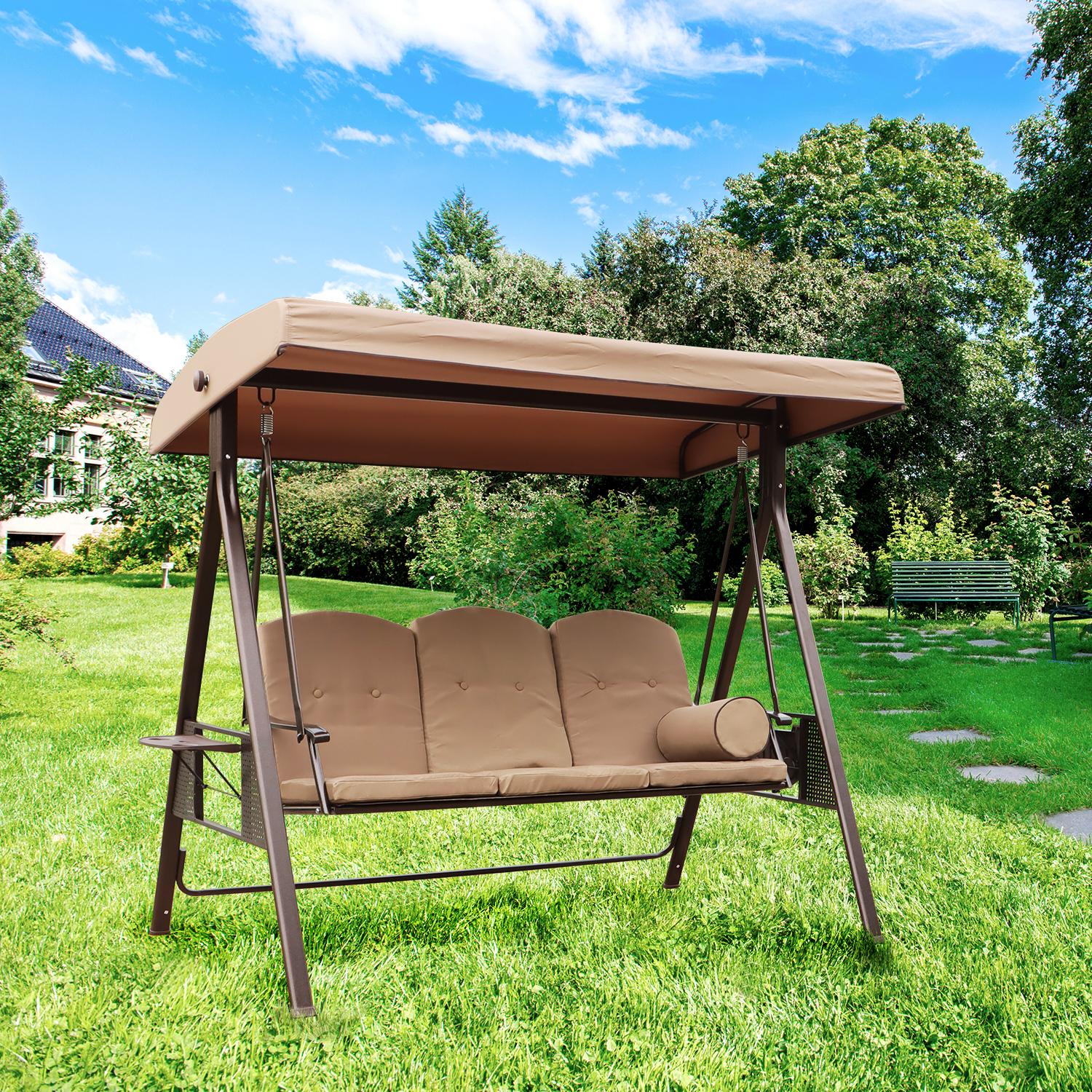Leisure 3-Seat Patio Swing Glider Outdoor Canopy with Removable Cushions and Pillows for Backyard, Adjustable Shade Chair Hammock Lounge Chair Porch Garden with Side Tray and Steel Frame - Beige - image 4 of 8