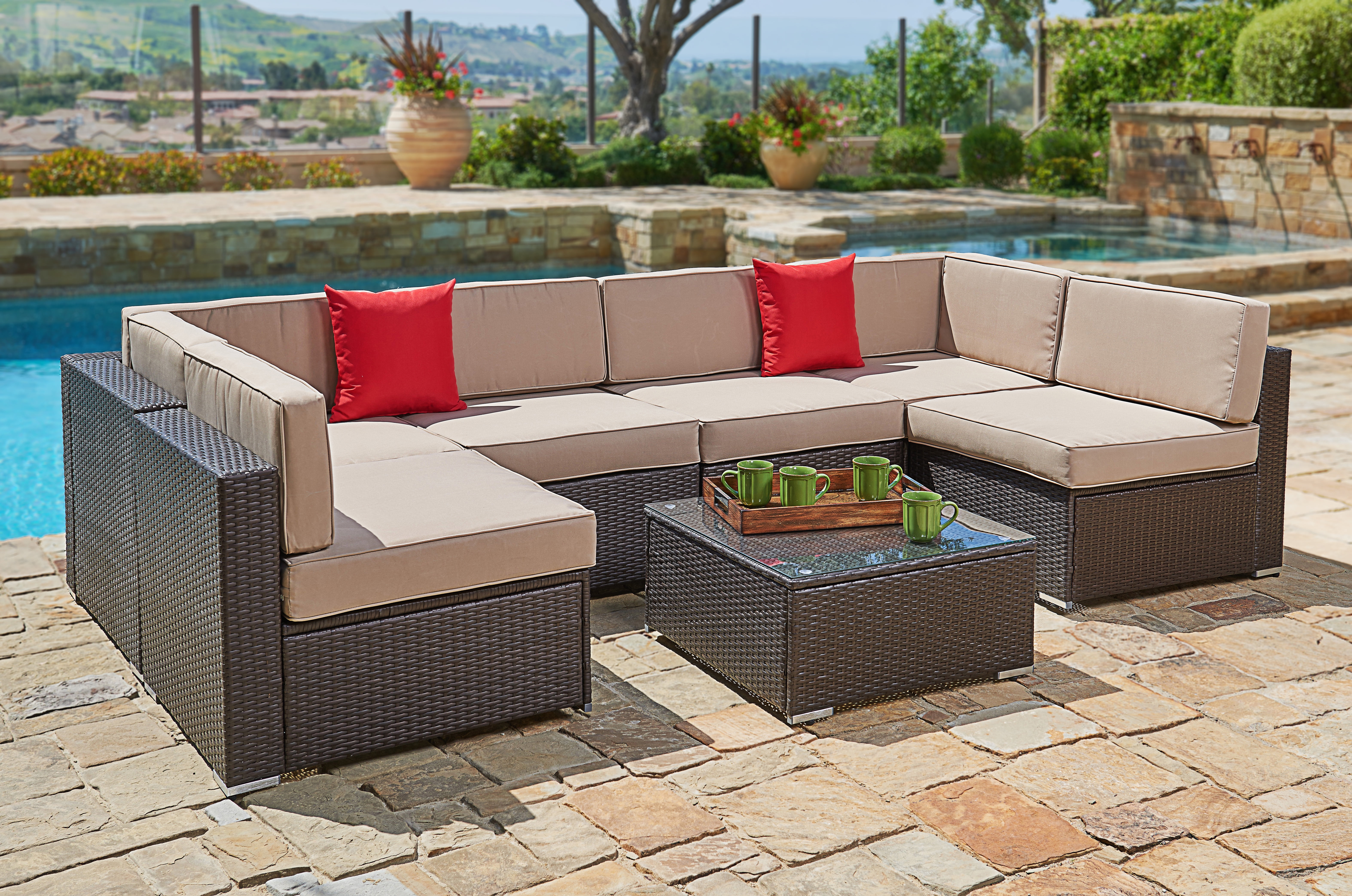 Suncrown Outdoor Furniture Sectional Sofa Set (7-Piece Set) All-Weather Brown Wicker with... by Suncrown