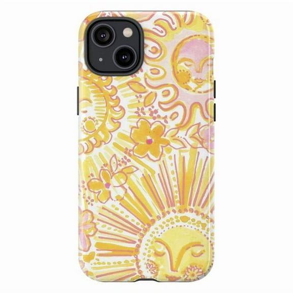 Cheerful Smiling Sun Phone Case with Yellow and Pink Floral Sunburst Design, Protective Artistic Cover for iPhone 16 15 14 13 12 Pro Max Mini