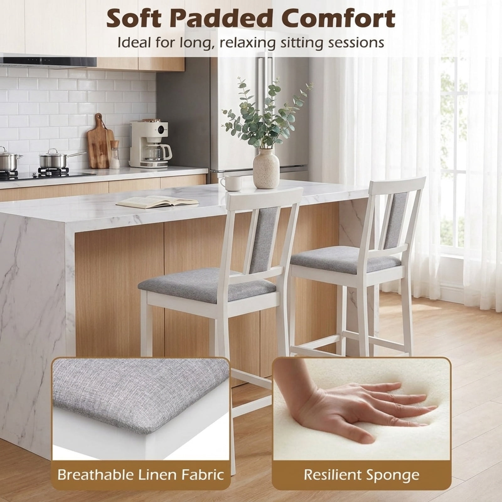 Furnibear Set of 2 Upholstered Barstool 29.5 Inch Bar Height with Solid Rubber Wood Frame for Kitchen Island Counter Bar Pub Dining Home, White