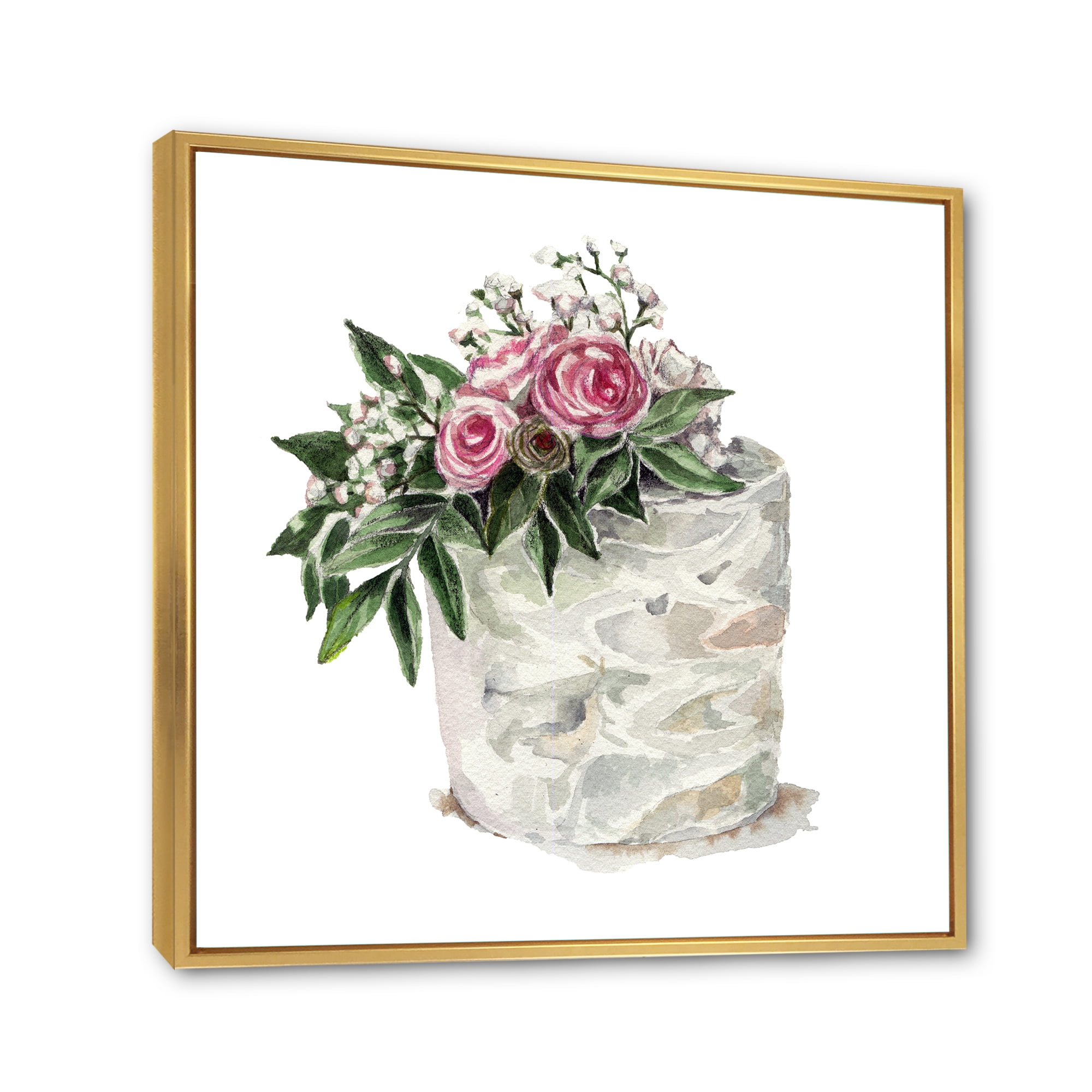 Designart 'White Flowers and Pink Roses On Cake' Traditional Framed Canvas Wall Art Print