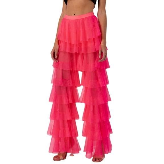 Womens Summer Boho Wide Leg Pants Causal High Waist Layered Tulle Pants Loose Long Trousers Streetwear