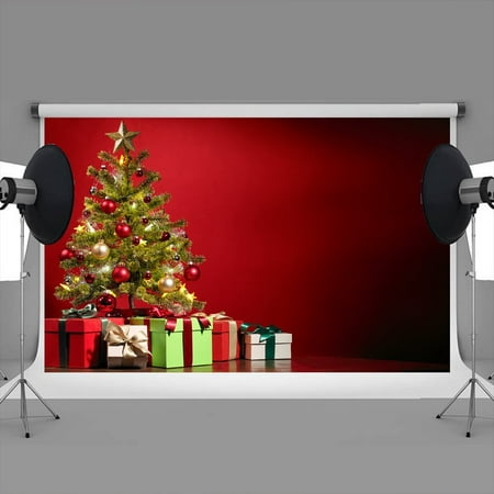 Image of MOHome 7x5ft Christmas backdrops The Christmas tree gift box Red background christmas tree backdrop