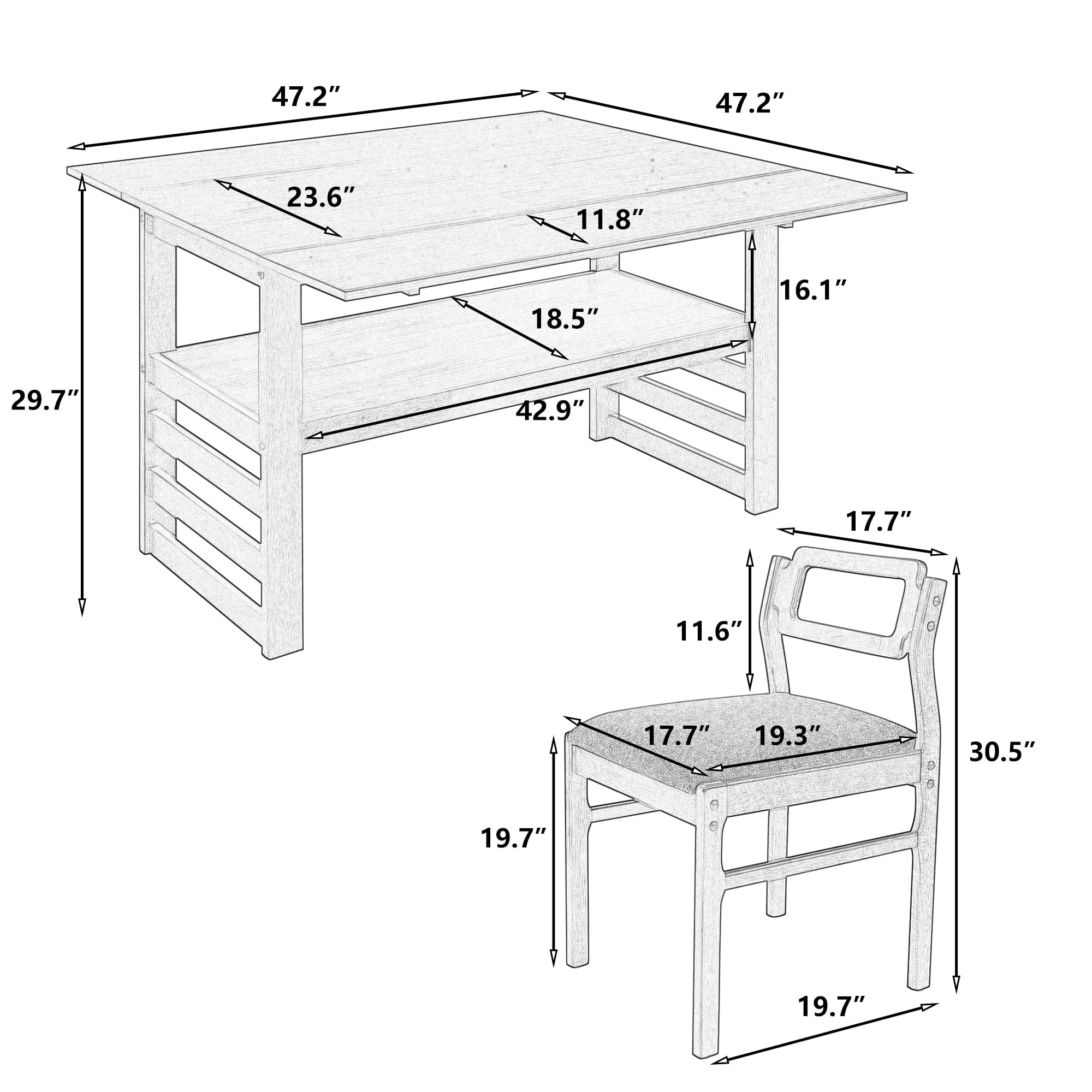 EUROCO Extendable Dining Table Set for 4, 5-Piece 47.2" Solid Wood Foldable Table with 2 11.8" Drop Leaves,Storage Shelf and 4 Upholstered Chairs, Square Kitchen Table Set for Small Space,Natural
