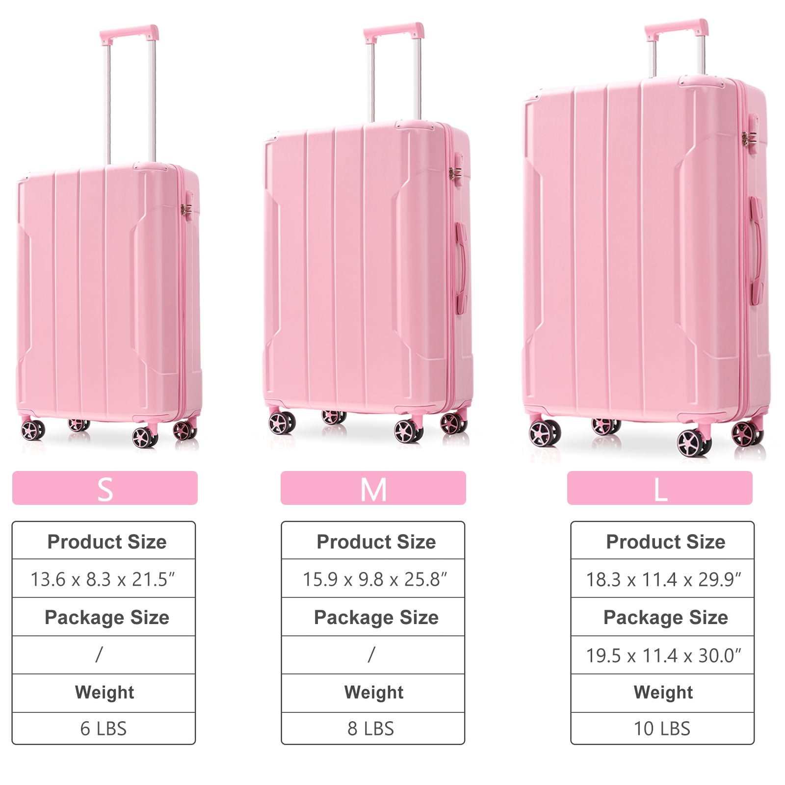 Sets 3 Piece Luggage, Hard shell ABS Lightweight Durable Suitcases with Double Spinner Wheels 20/24/28 Inch, Pink