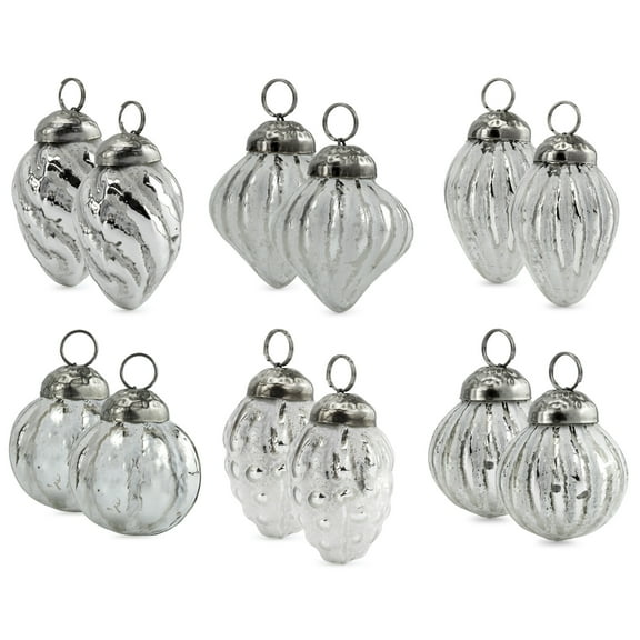 AuldHome Mercury Glass Finial Ornaments (Set of 12, Silver White, Small); Distressed Metal Antique Style Christmas Tree Decorations; 1.3 to 2-Inch Size