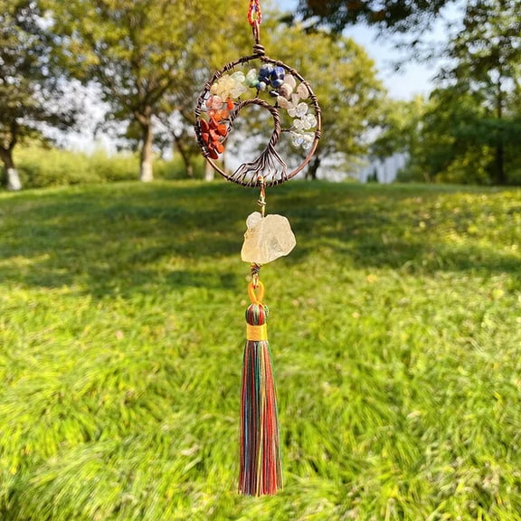 MATROOY 5pcs Seven Chakra Yellow Crystal Gemstone Life Tree Car Hanging Ornaments Decor