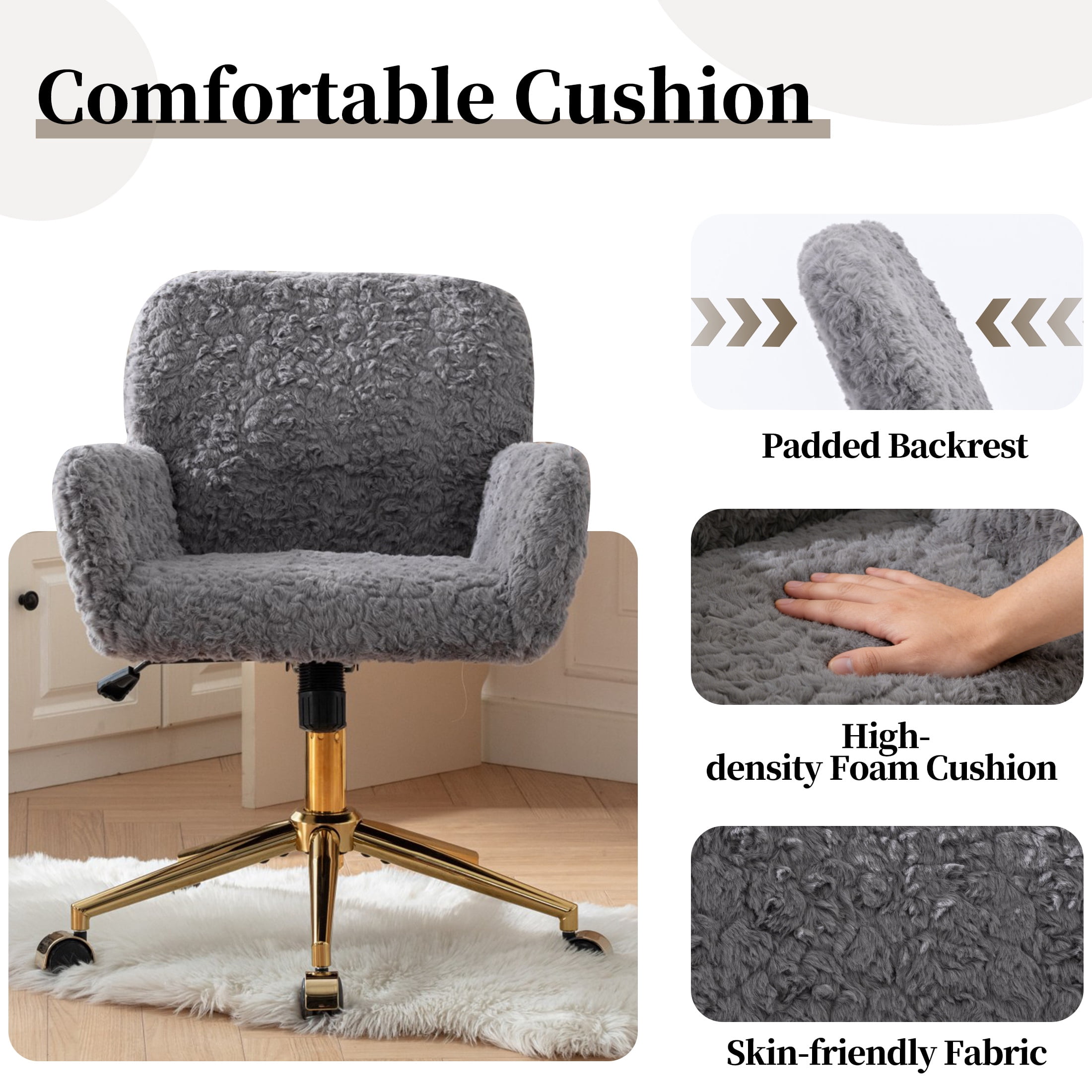ENYOPRO Office Chair with Chrome Legs, Ergonomic Teddy Desk Chair Vanity Chair with Wheels, Modern Computer Chair for Home Office,Gray