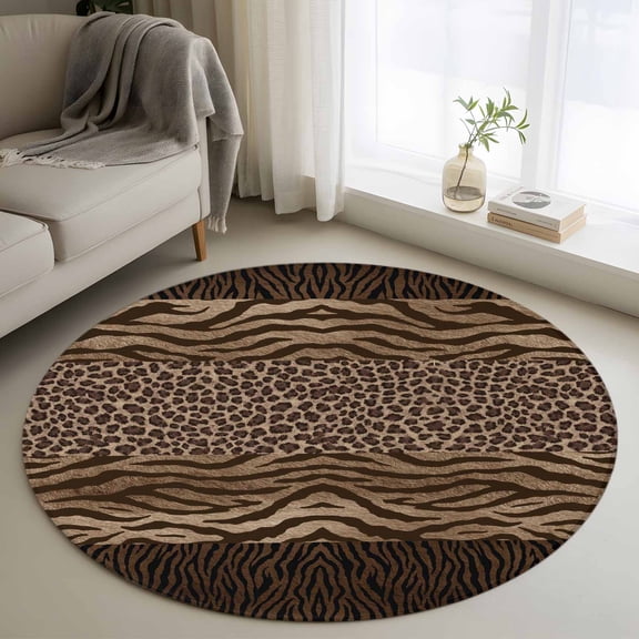 Round Area Rugs Collection 4 Ft, Leopard Zebra Print Non-Slip Residential Carpet, Vintage Animal Skin Striped Brown Indoor Crawling Mats Runner Rugs for Living Room/Dining Room/Bedroom