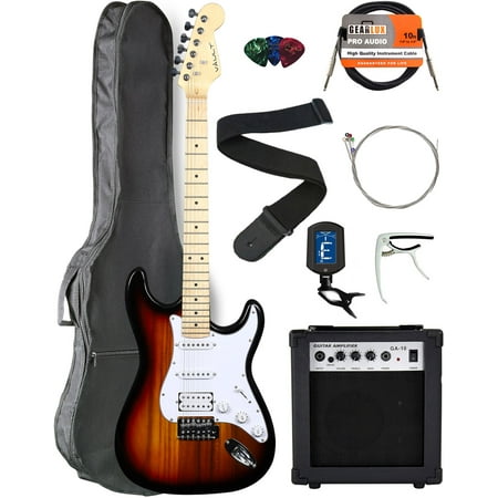 Maple Fretboard 6 String (Vault ST1-M Maple Fretboard Electric Guitar - Sunburst with Amplifier, Instrument Cable, Gig Bag, Strap, Capo, Tuner, Strings, and)
