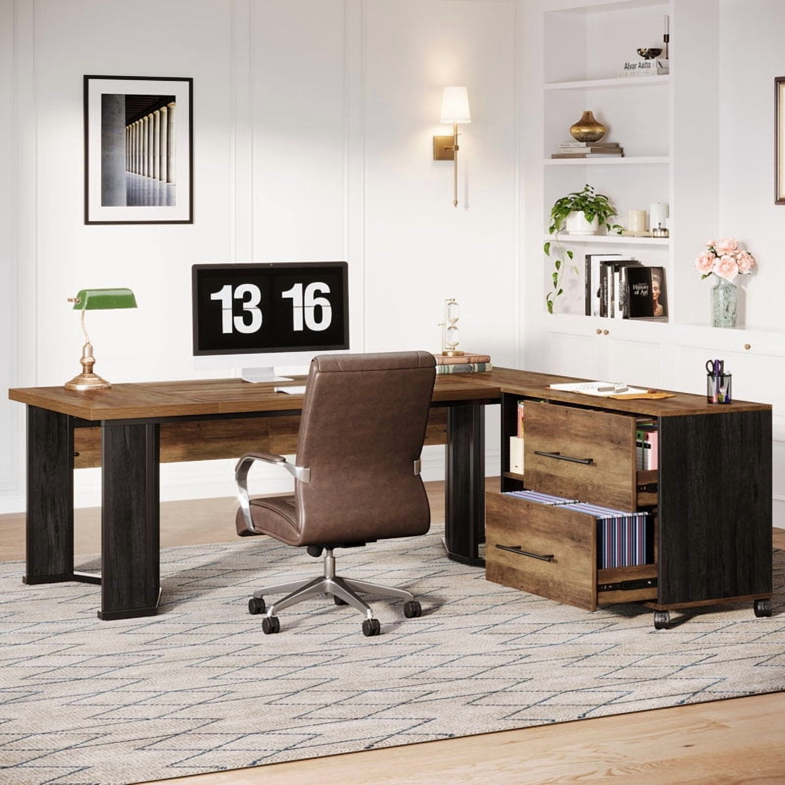 Tribesigns 70.86" L Shaped Executive Desk with Mobile File Cabinet, 2 Drawers and Storage Shelves for Home Office, Brown
