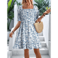 thumbnail image 4 of Robes d'Été Décontractées pour Femmes Manches Courtes Col Carré Smocké Boho Floral Robe Fluide Ligne A Mini Robe TG, 4 of 7