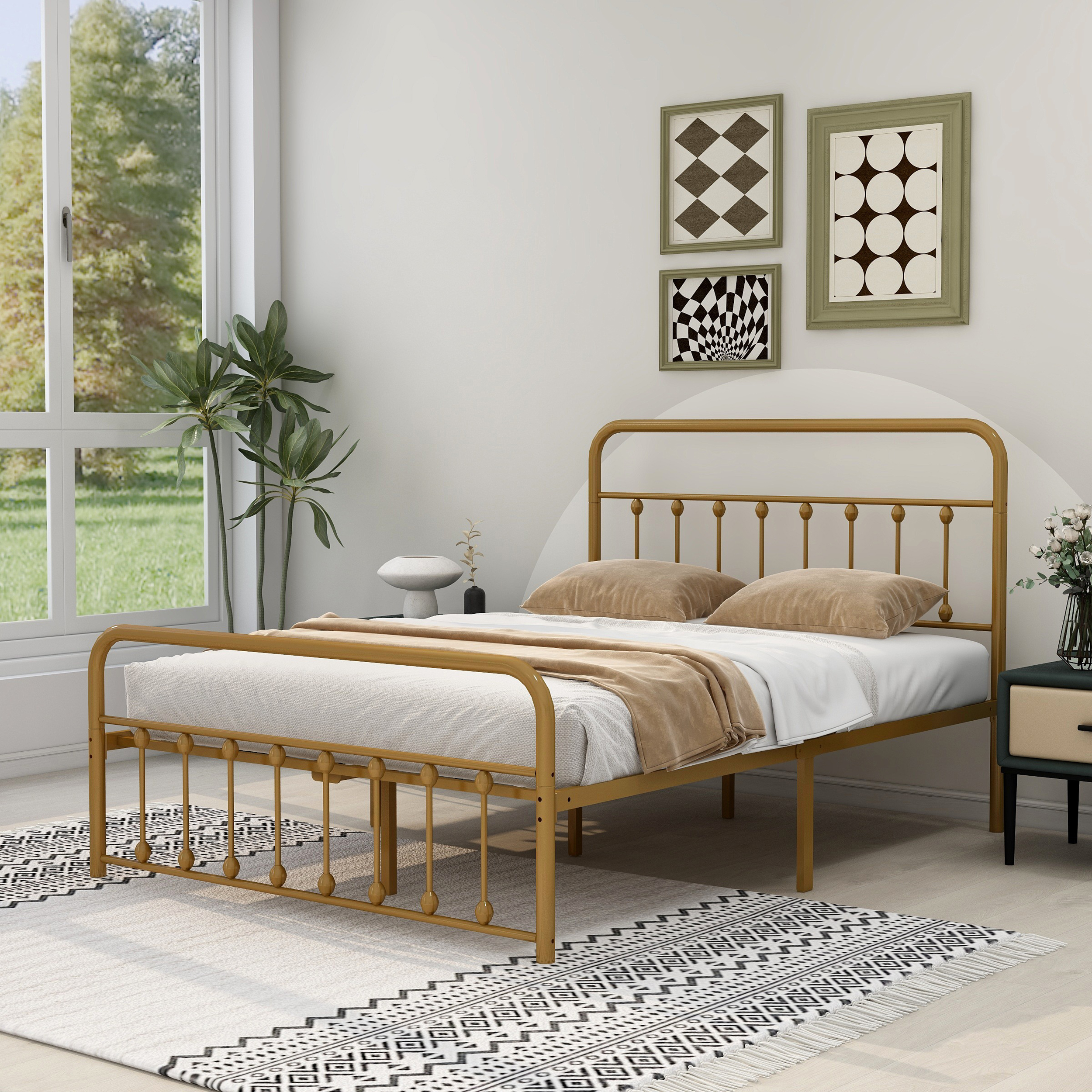 RYR Platform Metal Full Bed Frame, Suitable for All Ages, Gold