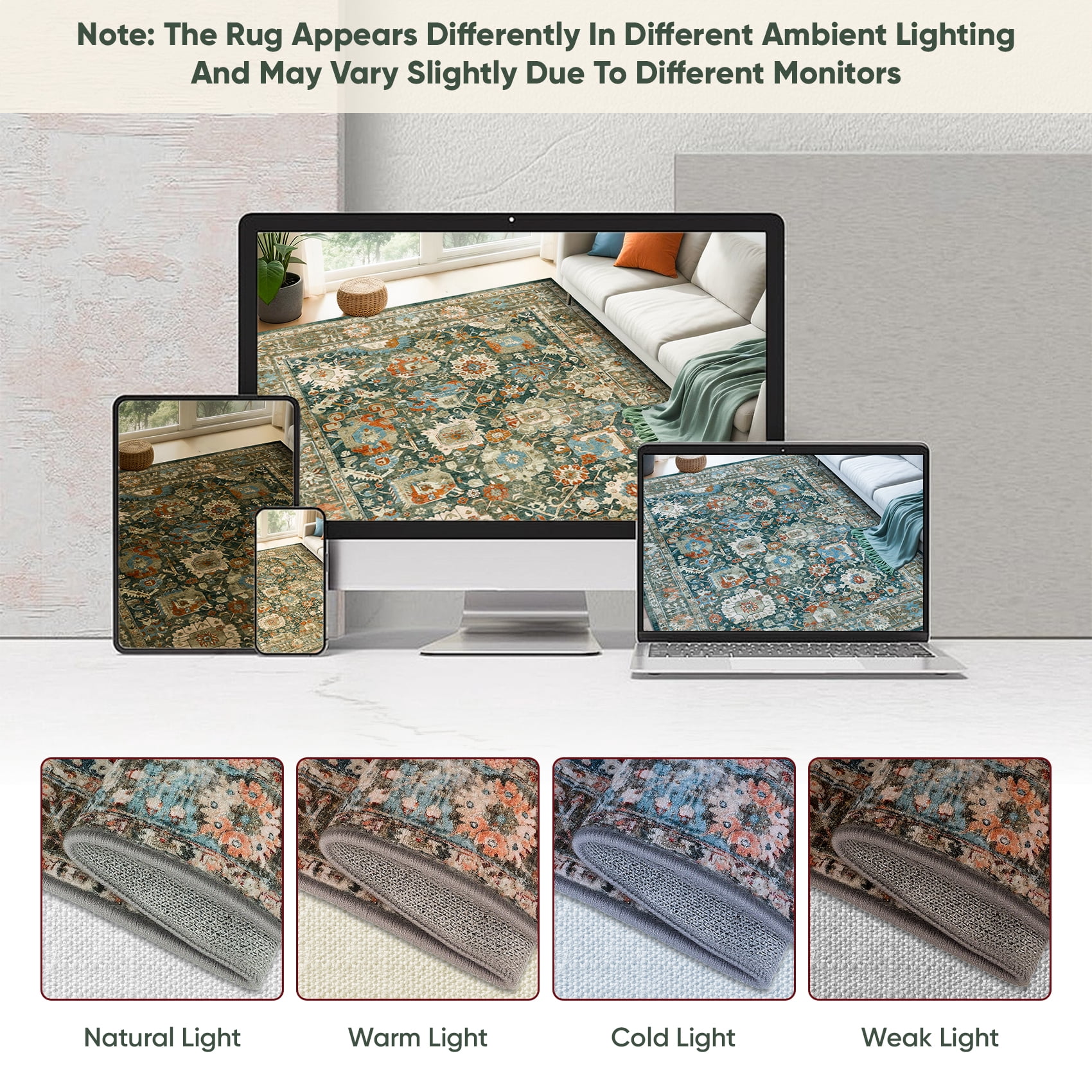 Rugs for Living Room 5x7, Non Slip Machine Washable Indoor Large Rug, Low Pile Chenille Print Mat for Bedroom Dining Room Home Office Kitchen,dark green