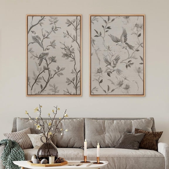 UNFFRAMED Vintage Bird Floral Wall Art Set Of 2, Neutral Black & Gray Botanical Prints, Rustic Farmhouse Nature Decor For Bed Room Set 2 Prints 8x12