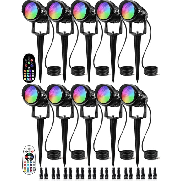 SUNVIE 12W Low Voltage Landscape Lighting RGB Color Changing LED Outdoor Spotlight with Remote Control Waterproof Patio Christmas Decoration, 10 pack