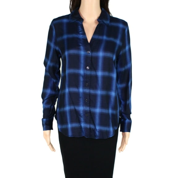 Womens Top Navy Button Down Shirt Plaid Long Sleeve XS