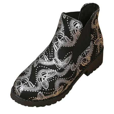 OJSFQUFP Women Ankle Boots Printed Butterfly Casual Boots Square Heel Elastic Large Size Short Barrel Fashion Boots Gothic Shoes Silver 41