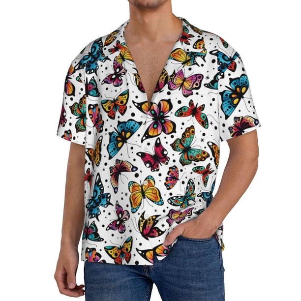 Balery Cute Butterfly Camisa Casual de Manga Corta con Botones para Hombre, Texturizada, Estilo Cubano, para Playa, Verano-X-Large