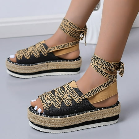 

Wozhidaose Platform Sandals Black Sandals Women Rope Straw Letters Foot Ring Strap Platform Flat Sandals And Shoes Wedge Sandals for Women