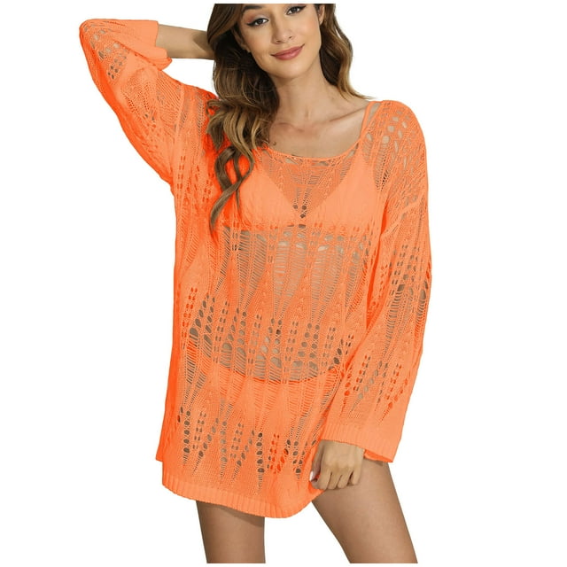 Plebaso Maillot de Bain à Manches Longues pour Femmes Robe de Plage Ajourée Tenue de Vacances pour Femmes