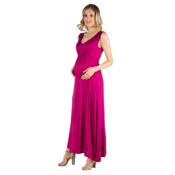 Maternity V Neck Empire Waist Belted Maxi Dress