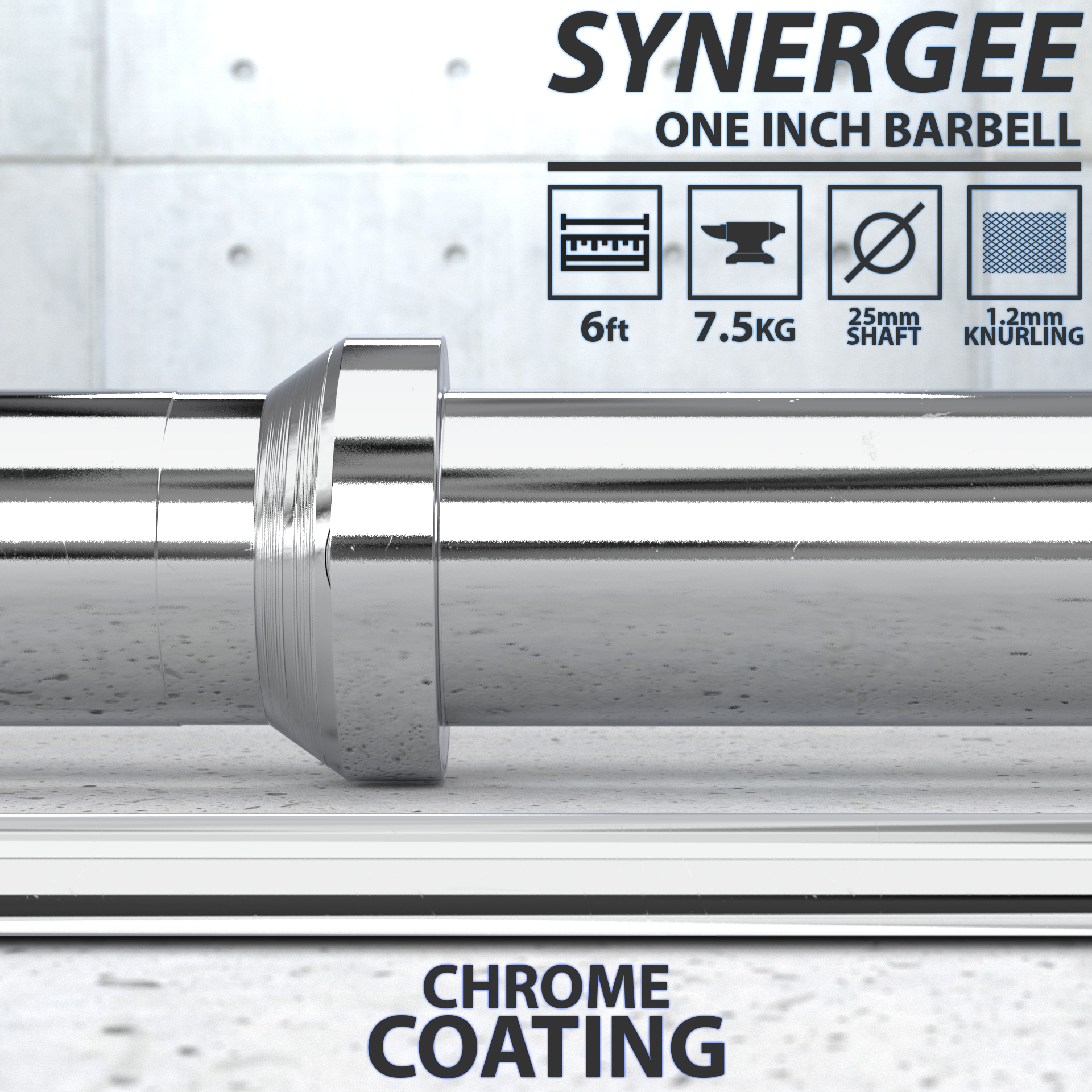 Synergee 1" Olympic Barbell Standard Weightlifting Barbell. 6-foot Bar Weighing 7.5 KG/16.5 LB. Compatible with 1”-Opening Plates.