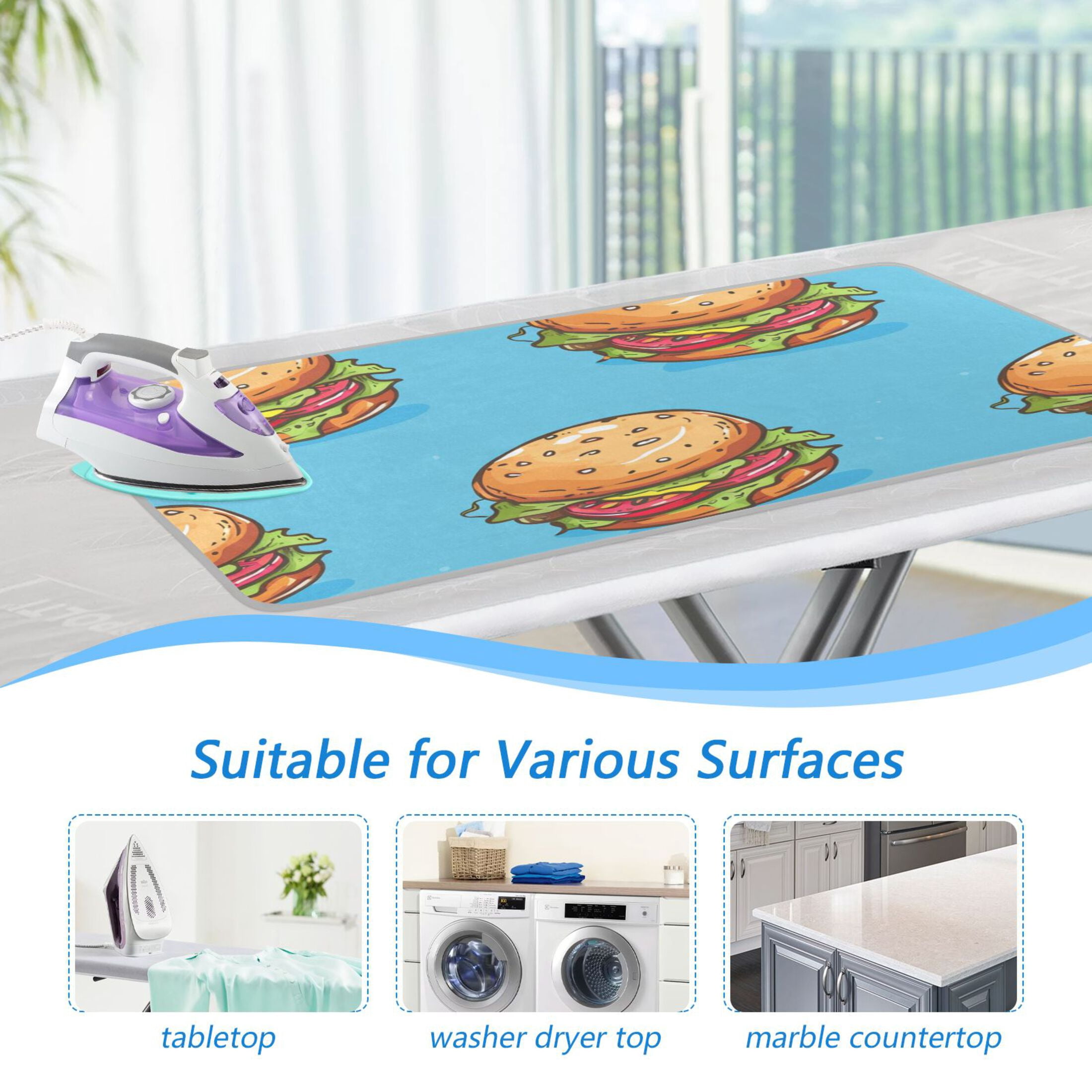 Cute Cartoon Hand Drawn Hamburgers Ironing Mat Blanket Portable Travel Ironing Pad Heat Resistant Pad 47.2" x 27.6”