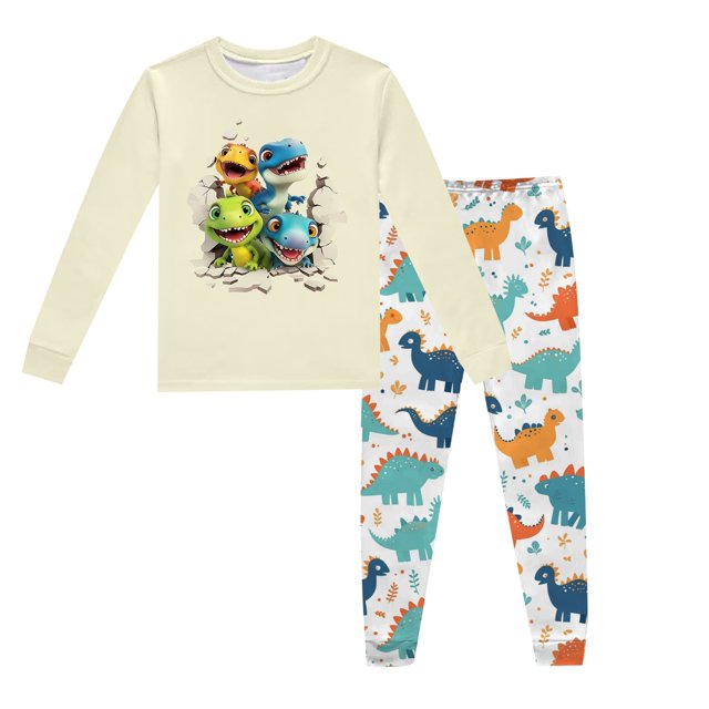 Pyjamas pour Enfants Garçons Ensemble de Pyjama Imprimé Dinosaure Col Rond Manches Longues Pantalon 2 Pcs Printemps Automne Pyjamas pour Tout-Petits Beige 5 Ans-6 Ans