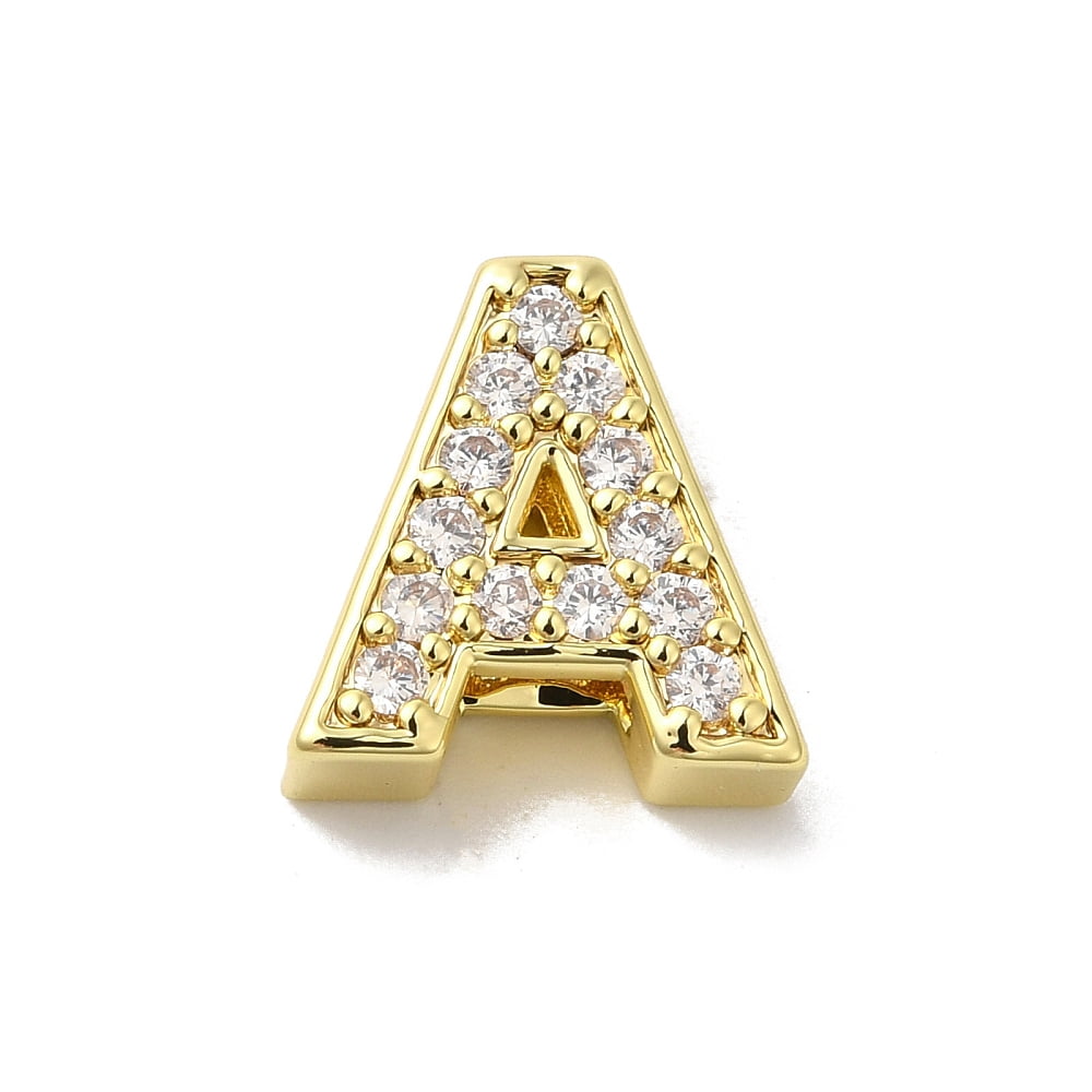 Brass Micro Pave Cubic Zirconia Beads Long-Lasting Plated Real 18K golden Plated Alphabet Letter A-Z 12-12.5x8-12.5x4.5-5mm Hole: 8.5-9.5x2mm