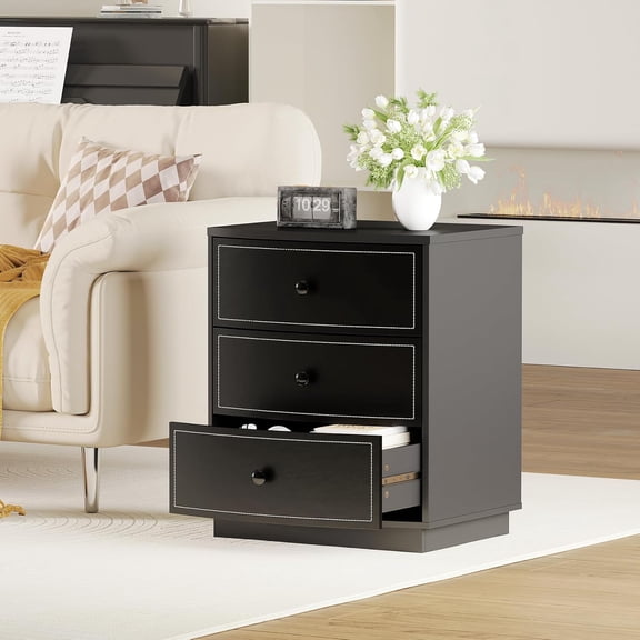 AODAILIHB Black Nightstand, Modern Curved 3 Drawers Bedside Table with Sturdy Base, Wooden Night Stand with Leather Storage Drawer for Bedroom