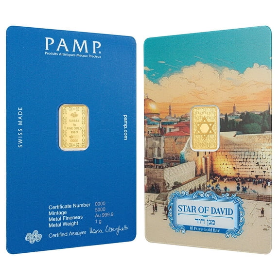 1 Gram PAMP Suisse Star of David Gold Bar .9999 Fine (in Assay)