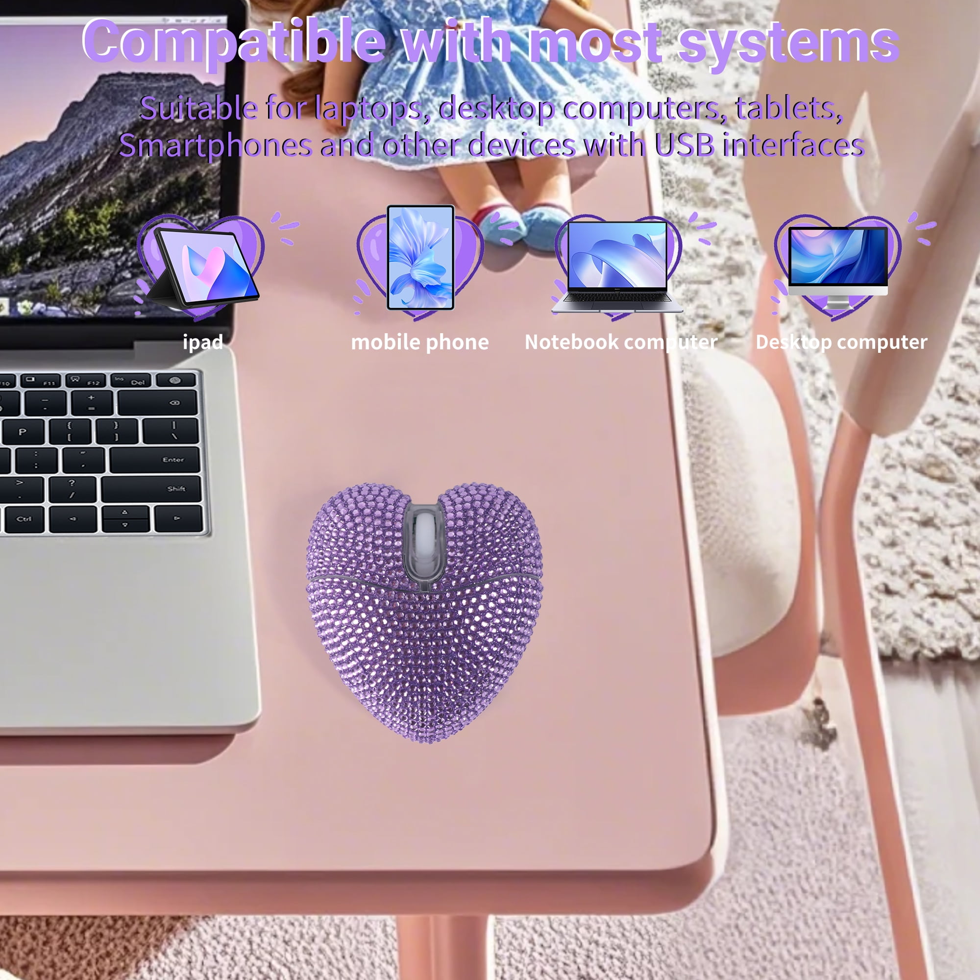 Dpisuuk Wireless Mouse Bluetooth Cute Bling Crystal Rhinestone Purple Heart Shape Computer Mice with LED Light 2.4GHz & Bluetooth Rechargeable USB Cordless Mouse for Laptop PC Tablet Gift