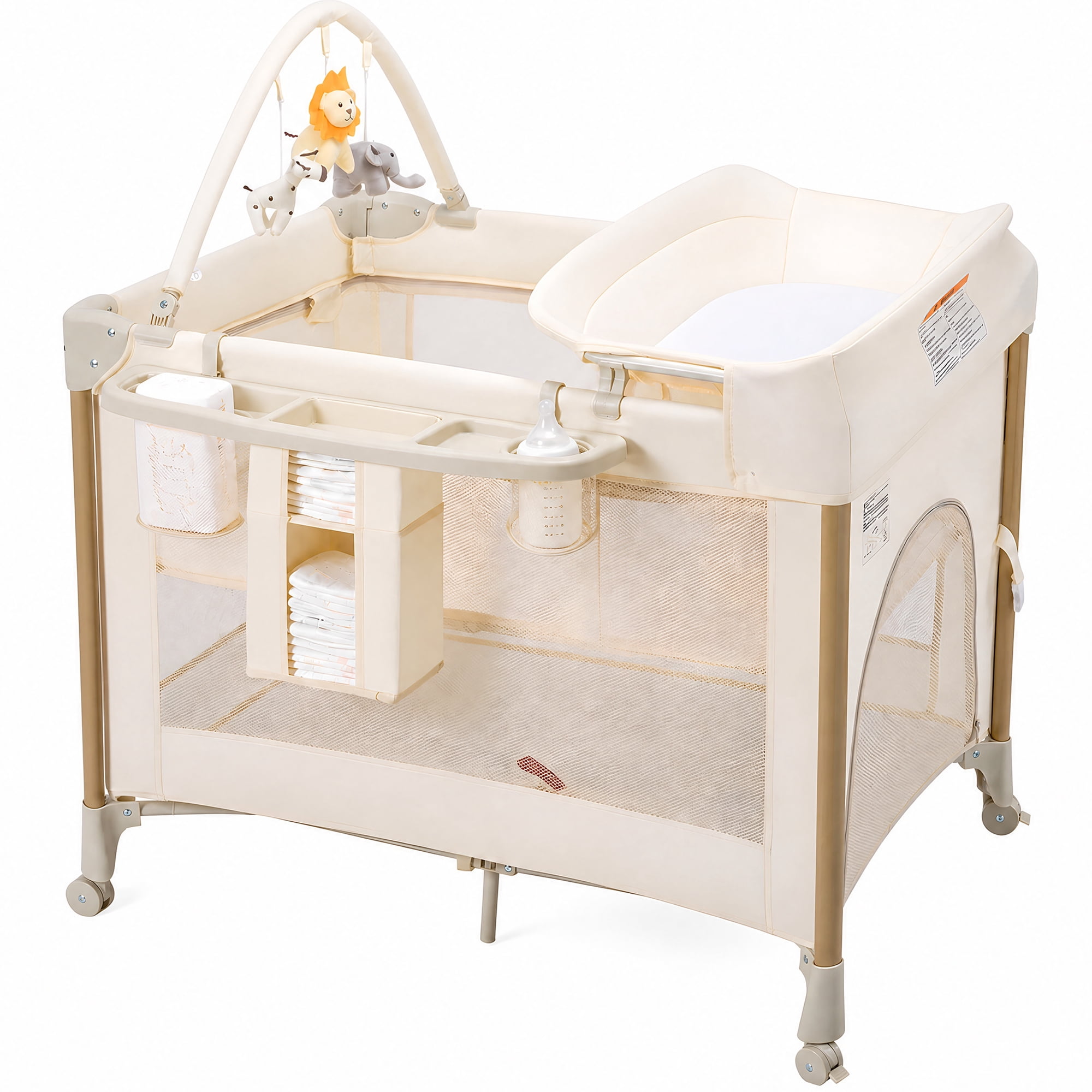 suihuooo One-Touch Foldable Baby Playard with Bassinet,Changing Table,Wheels and Storage Basket for Newborn,Beige