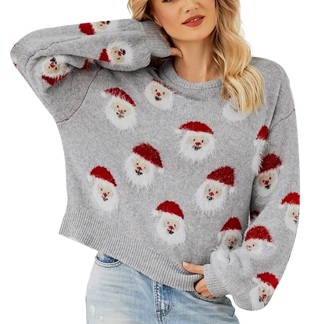 Kcodviy Chandail Tricoté de Noël pour Femme, Chandails Fair Isle, Mignon Motif de Tête de Père Noël, Chandail Chemise, Chandail à Col Rond
