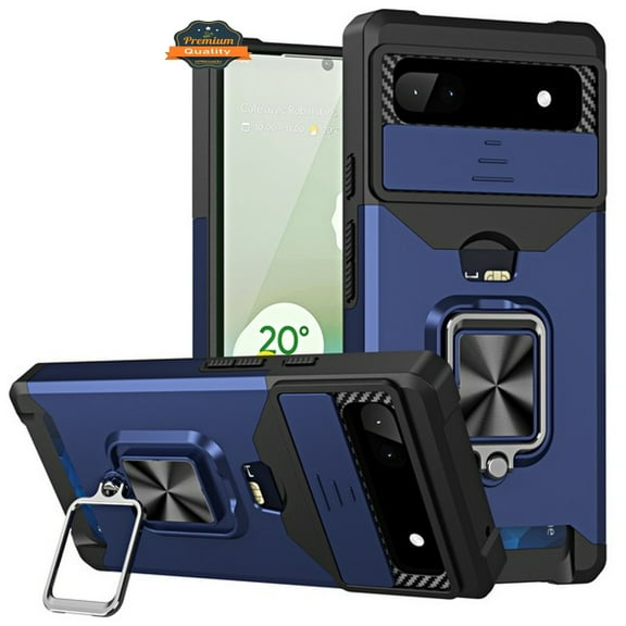 For Google Pixel 9A Wallet Case with Slide Camera Protector, Credit Card Slot, Ring Sand, Magnetic Car Mount Phone Case Cover by Xpression, Blue