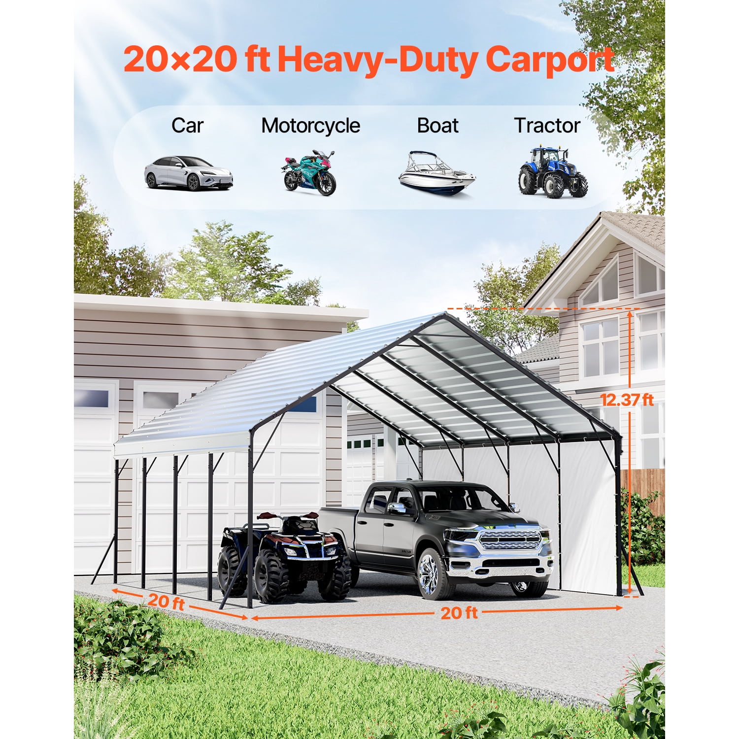 KFFKFF Durable 20 x 20 ft Metal Carport with Sturdy Frame and Roof, Outdoor Shelter with Detachable Sidewalls for Vehicles, Boats, Trucks, and Equipment