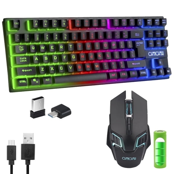 CHONCHOW Wireless Gaming Keyboard and Mouse Combo, Rechargeable 87 Keys TKL Rainbow Backlit Keyboard & Ergonomic Mouse for PC, Laptop, PS4, PS5, Xbox One