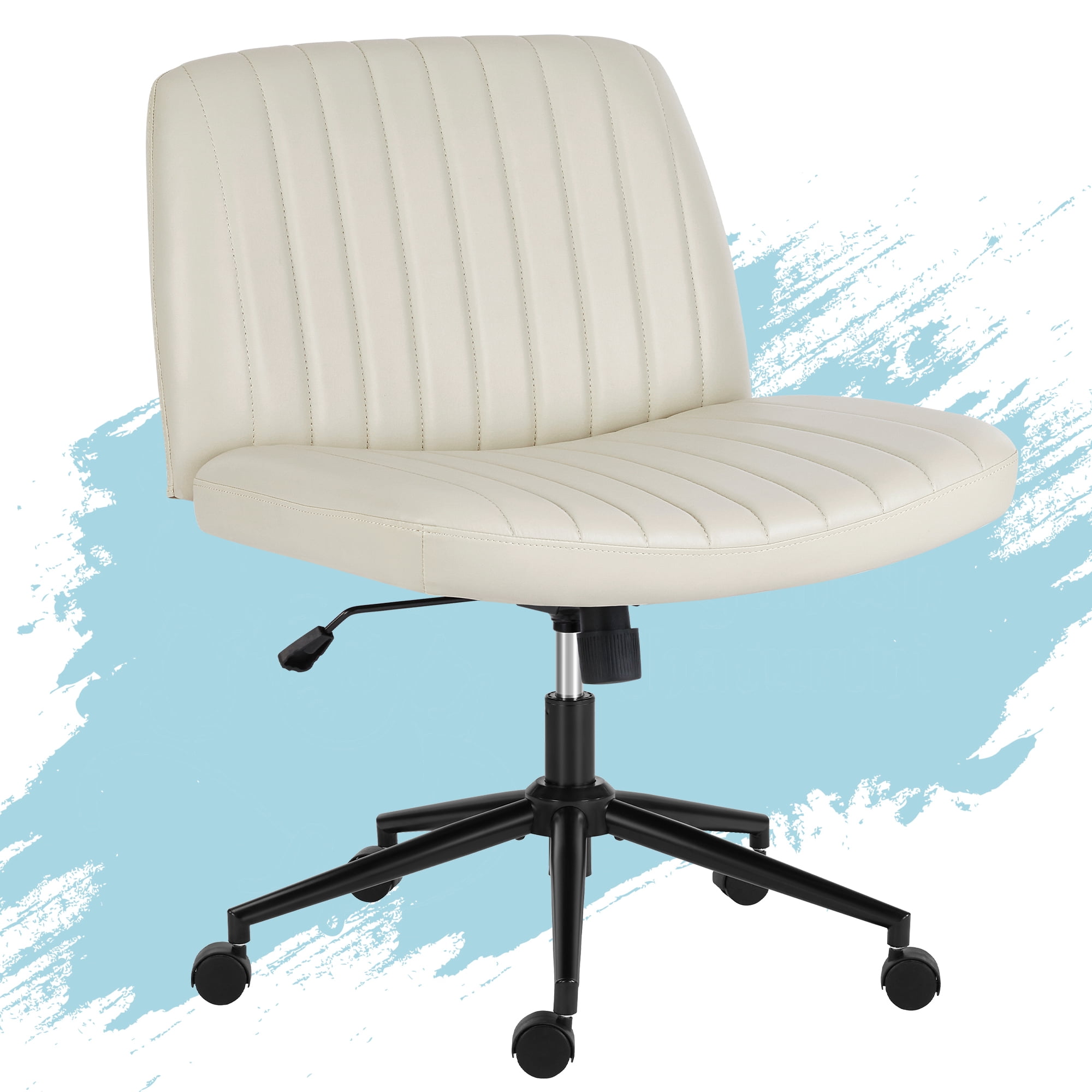 Armless Criss Cross Legged Office Chair, Desk Chair With Wheels, PU Leather, Beige