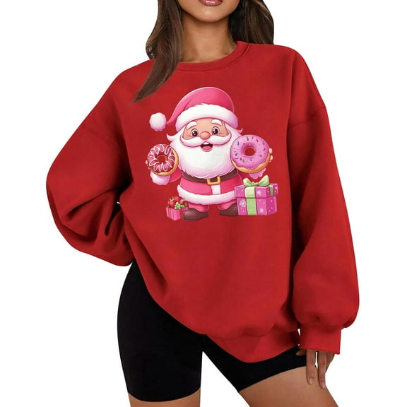 Lorytime Christmas Crewneck Sweatshirts Women Santa Claus Print Plush Shirt Long Sleeve Pullover Loose Tops