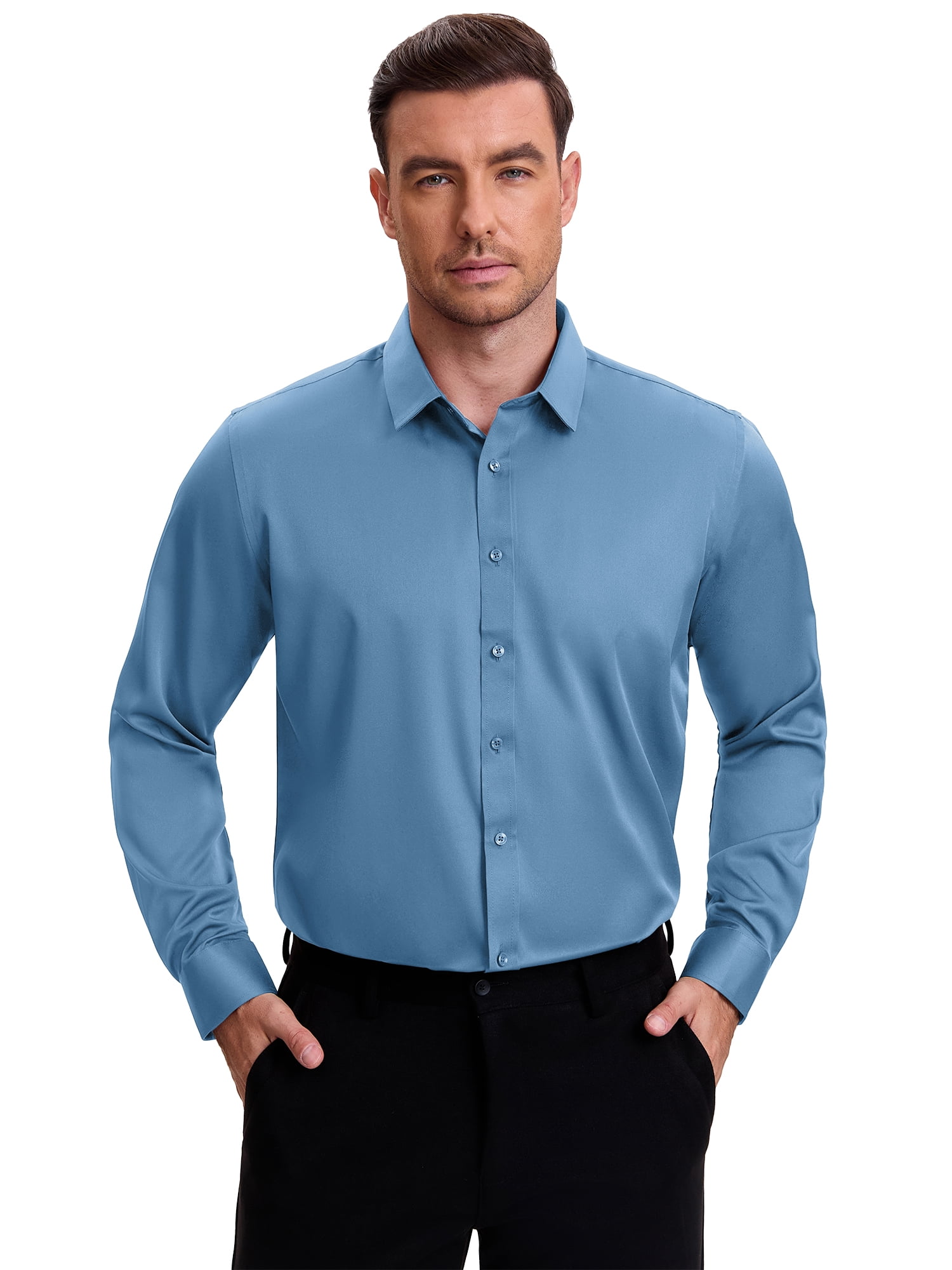 DARING DIVA Men's Point Collar Long Sleeve Button Down Formal Shirts S Blue