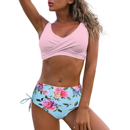 Wedfrse Bikini Sets for Women Two Piece Swimsuit Womens High Waisted Bikini Swimsuit Two Piece Halter Bathing Suits Tops Ruched Bottom Thong Bikini Sets Micro Bikini Swim Suits for Women 2024 Pink L