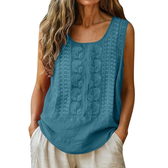 CYMMPU Women's Pleated Round Neck Tank Top, Sleeveless Solid Color Blouse with Vertical Stitch Detail, Casual Elegant Summer Wear Blue XXL