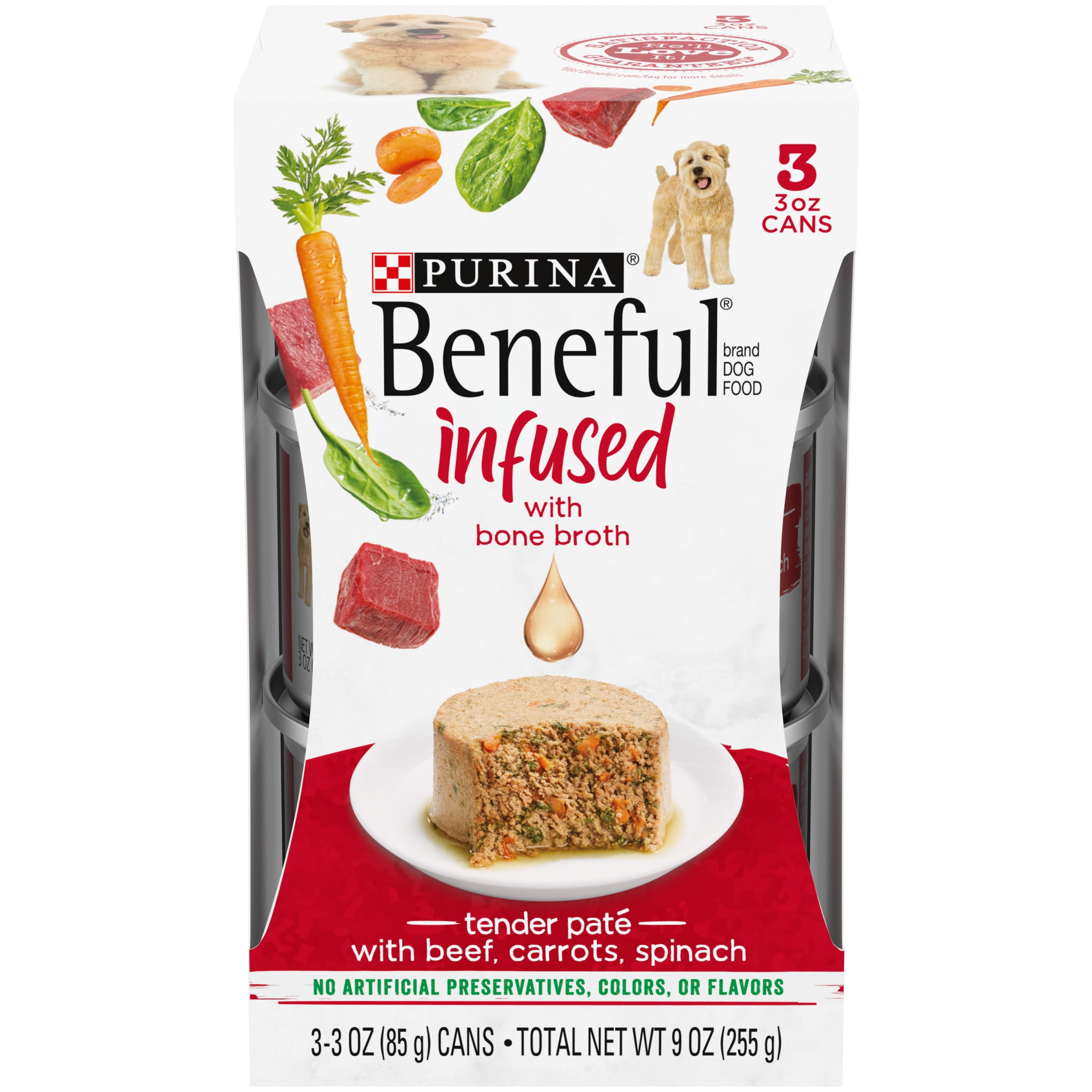 (3 Pack) Purina Beneful Infused Pate Wet Dog Food With Bone Broth for Dogs, With Real Beef, Carrots and Spinach, 3 oz. Sleeves