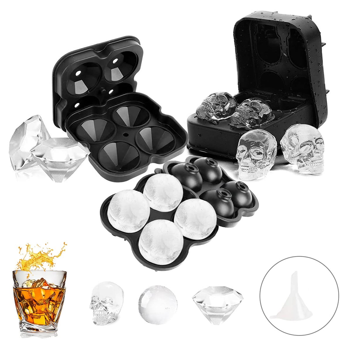 CIPACHO Silicone Ice Mold Set of 2, Whiskey Ice Skull Mold Trays Set with Lids and Funnel