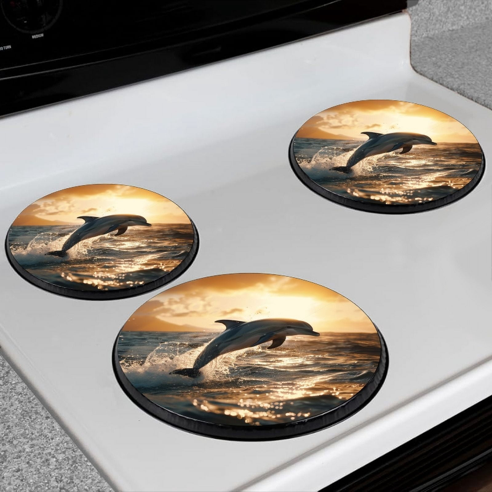 BaHomeck Electric Stove Burner Covers Set of 4,Round Metal Gas Stove Burner Covers 8 Inch and 10 Inch,Kitchen Decor,Dolphins Jumping Out Of The Water At Sunset