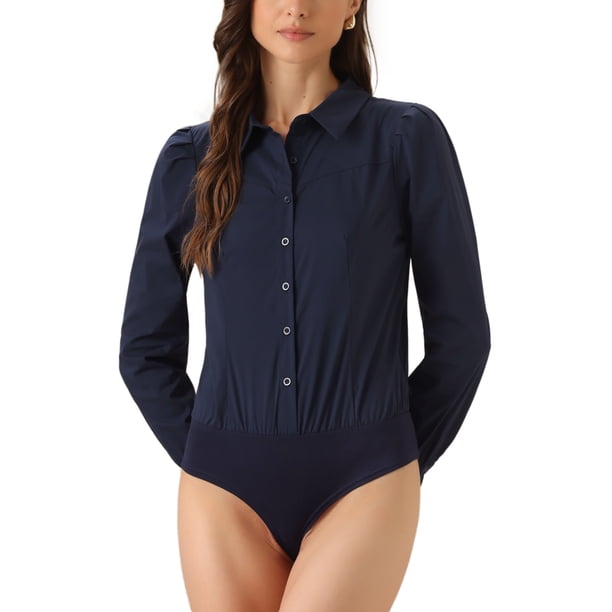Camisa Leotardo INSPIRE CHIC para Mujer, Casual de Negocios, con Cuello, Botones, Manga Larga, Top S, Azul Marino