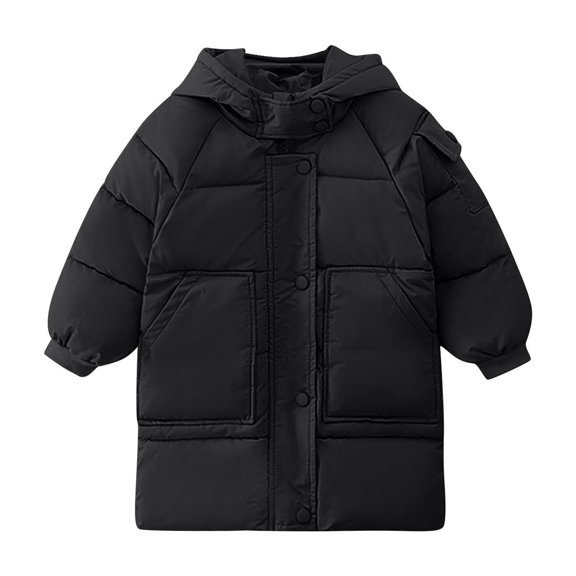 SERTG Big Kids Mid Length Hooded Jacket Thermal Lined with Pockets Winter Comfortable Outerwear for Boys and Girls 2-13 Years(Black,3 Years)