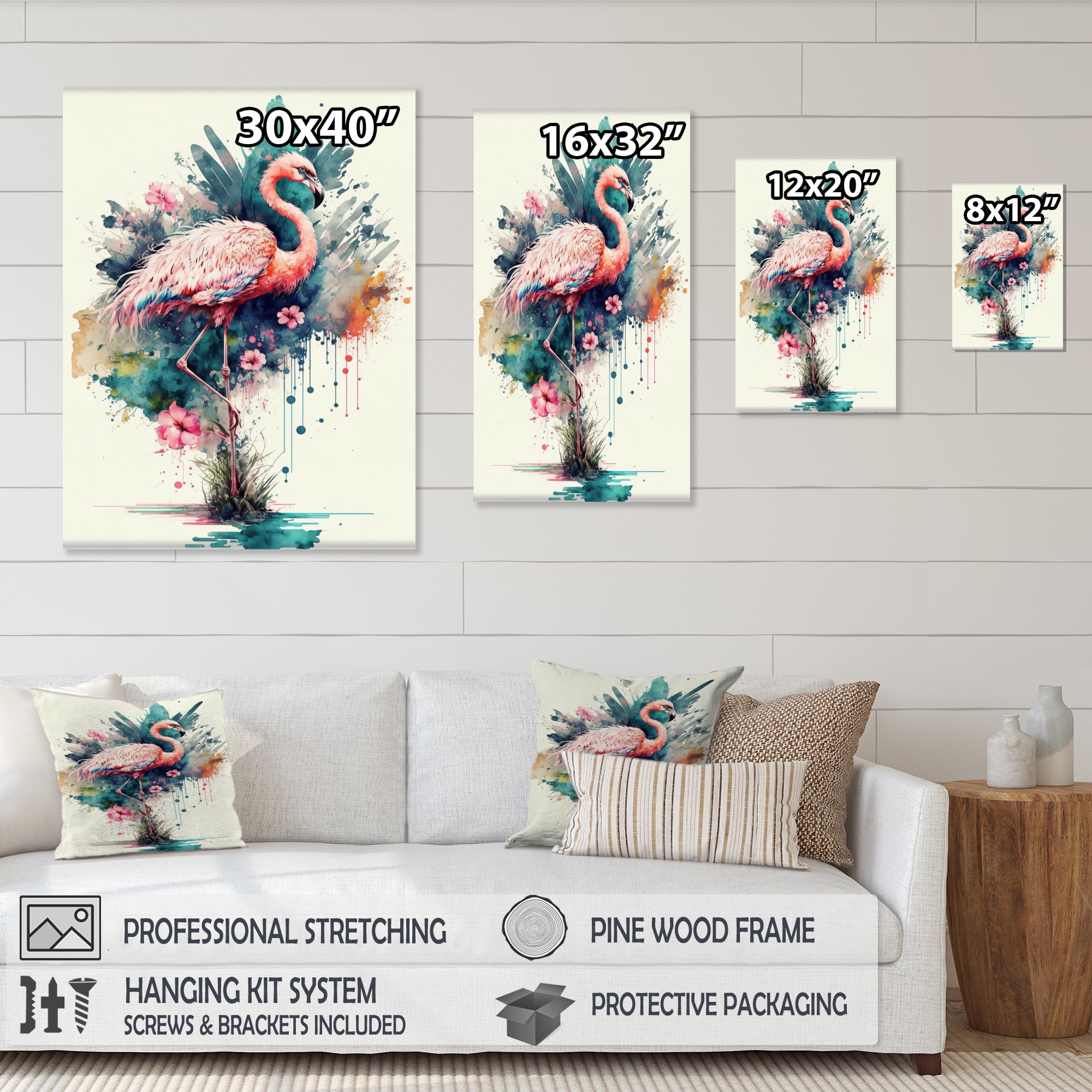Designart Cute Flamingos Floral Art III Canvas Wall Art